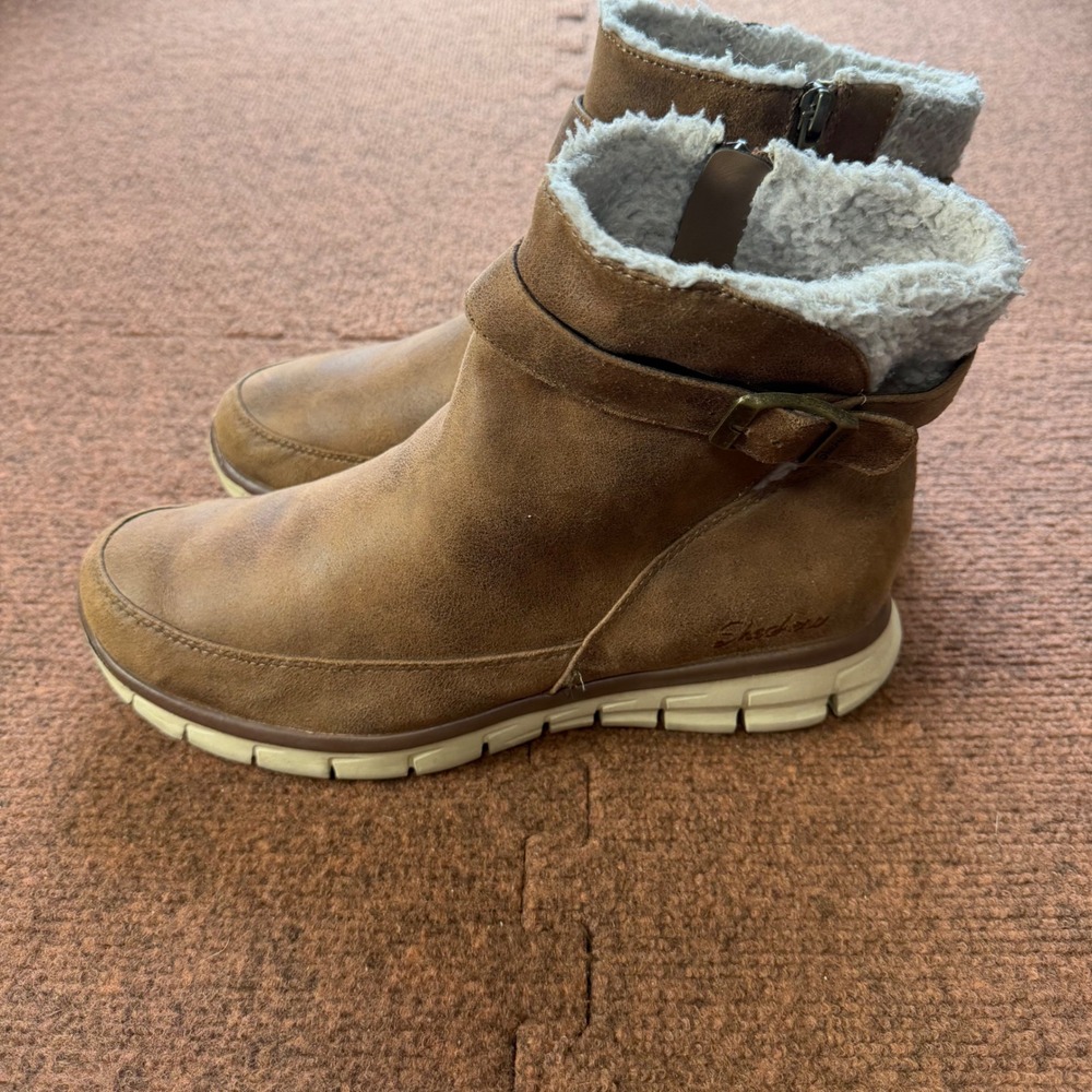 Skechers Synergy Brown Faux Fur Lined Ankle Boots Womens 10 SN 167940 Winter Zip